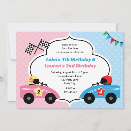 Race Car Invitations - Twins Birthday Boy Girl (Devant)