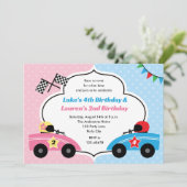 Race Car Invitations - Twins Birthday Boy Girl (Debout devant)