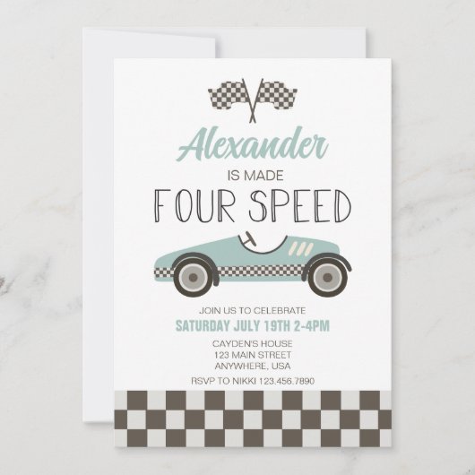 Race Car Made Four Speed Birthday Uitnodiging (Voorkant)