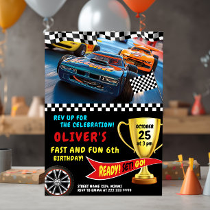 Race Car Verjaardagsfeest met Trofee & Vlaggen Kaart
