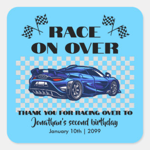 Race op over moderne blauwe sportwagen elke leefti vierkante sticker