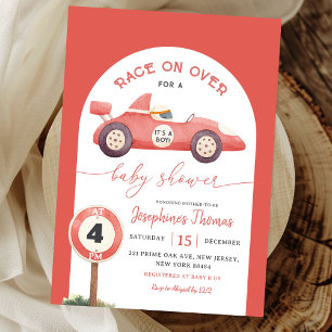 Race op Over Red  Race Car Baby shower Kaart
