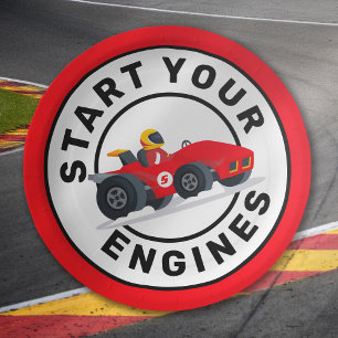 Race-wagen Start je motor op Birthday party Papieren Bordje