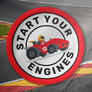 Race-wagen Start je motor op Birthday party Papieren Bordje
