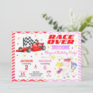 Raceauto & Eenhoorn Gezamenlijke Verjaardagsuitnod Kaart