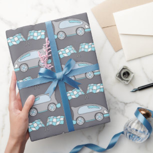 Raceauto en vlaggen Blauw patroon kinderen Cadeaupapier