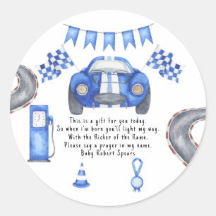 Raceauto. Gebedskaarslabel Ronde Sticker