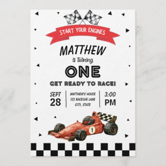 Racecar First Birthday Retro Watercolor Kaart