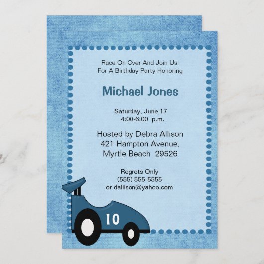 Racecar Invitation Anniversaire (Devant / Derrière)