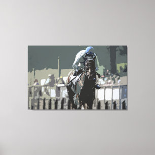 Racehorse met jockey in blauw canvas Print