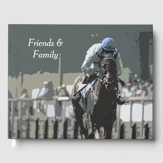 Racehorse met jockey in blauw gastenboek