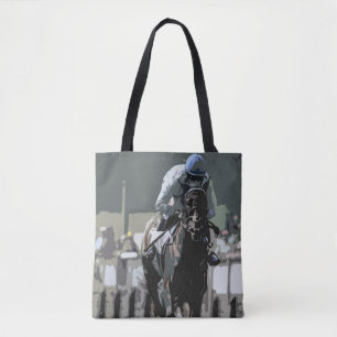 Racehorse met jockey in blauwe Canvas tas
