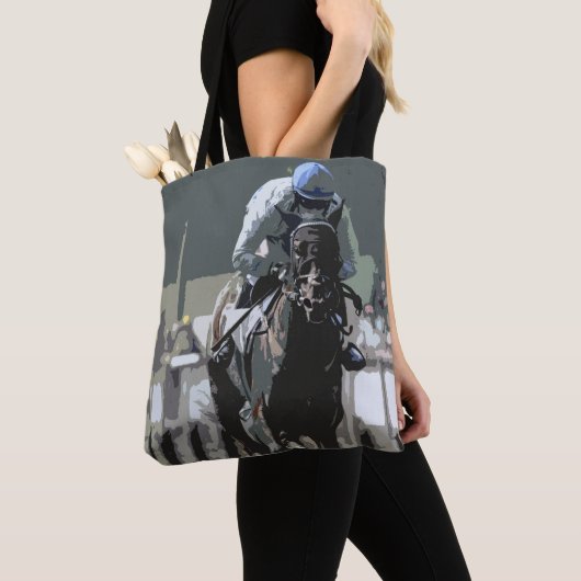 Racehorse met jockey in blauwe Canvas tas (Dichtbij)