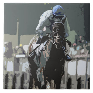 Racehorse met jockey in blauwe keramische Tegel Tegeltje