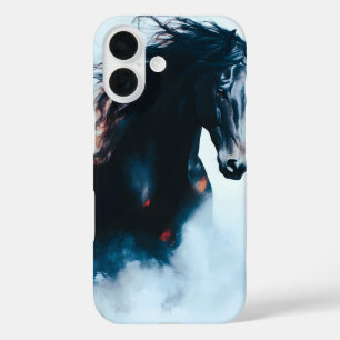Racende Zwarte Paard Portret Minimalistisch iPhone 16 Hoesje