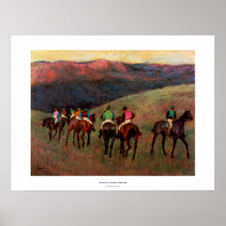 Racepaarden in een landschap met jockey-paarden poster