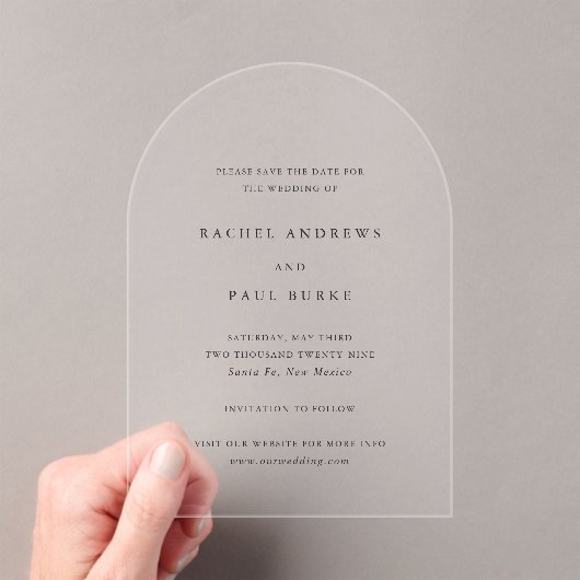 Rachel Formal Elegant Wedding Save the Date Acryl Uitnodigingen (Insitu (Draagbaar))