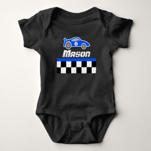 Racing bestuurder blauwe auto aangepaste naam baby romper