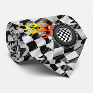 Racing Black White Check Flag Tire Flames Necktie Stropdas
