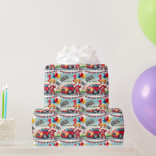 Racing Car 1st Birthday Boy Waterverf Kinder Cadeaupapier