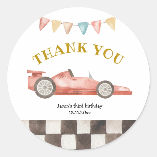 Racing Car Birthday Dank u wel Ronde Sticker (Voorkant)