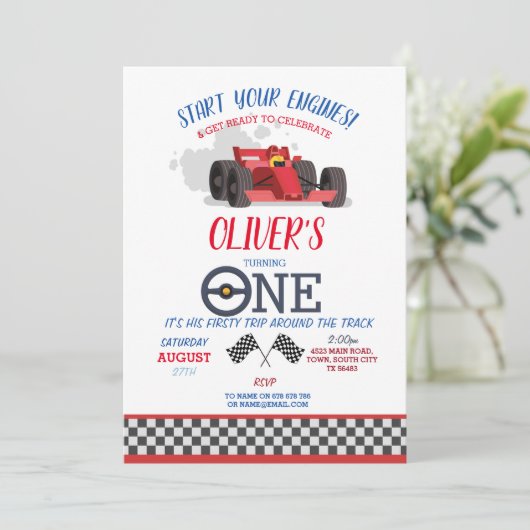 Racing Car Driver ONE Eerste reis Track Verjaardag Kaart (Staand voorkant)