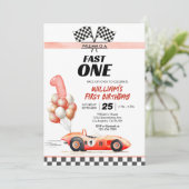 Racing Car Fast One Blue 1st Birthday Kaart (Staand voorkant)