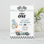 Racing Car Fast One Blue 1st Birthday Kaart (Staand voorkant)
