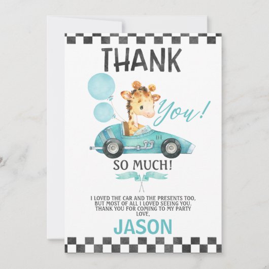Racing Car Giraffe Verjaardag Dank u kaart (Voorkant)