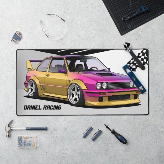 Racing Car Pink & Yellow Garage Desk Mat (Werkstation)
