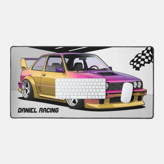 Racing Car Pink & Yellow Garage Desk Mat (Keyboard & Muis)