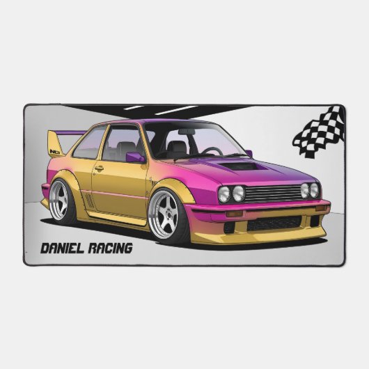 Racing Car Pink & Yellow Garage Desk Mat (Voorkant)