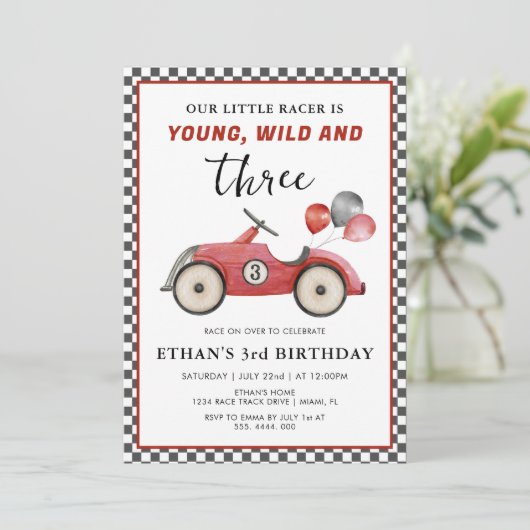 Racing Car Young Wild & Three Boys Verjaardag Kaart (Staand voorkant)