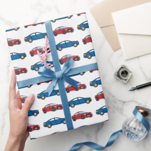 Racing Cars Race Retro Blue Verjaardag Kinder Cadeaupapier