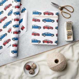 Racing Cars Race Retro Blue Verjaardag Kinder Cadeaupapier