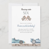 Racing Into Six Blue Car 5th Birthday Invitation (Devant)