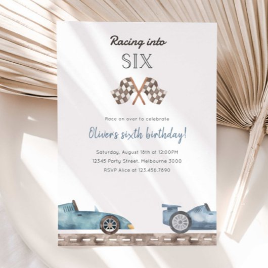 Racing Into Six Blue Car 5th Birthday Invitation