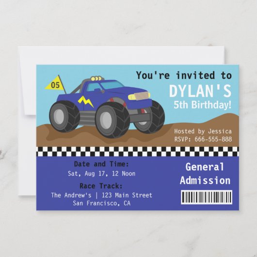 Racing Monster Truck Feest, Blauwe Toegangskaartje Kaart (Voorkant)