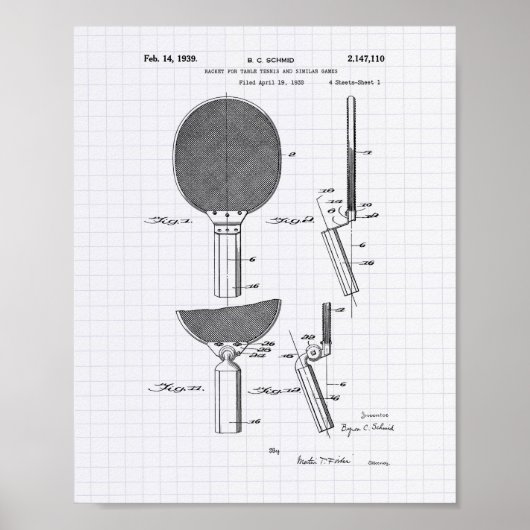 Racket Table Tennis 1939 Patent Art - Lined Peper Poster (Voorkant)