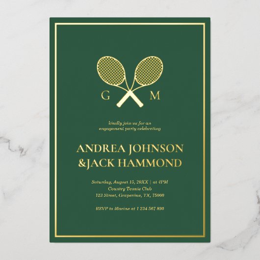 Rackets Monogram Tennis Speler Verlovingsring Echt Folie Uitnodiging (Voorkant)