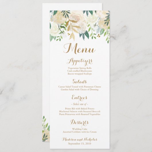 Rackkaarten van het menu Gold en White Flower Wedd (Voorkant / Achterkant)