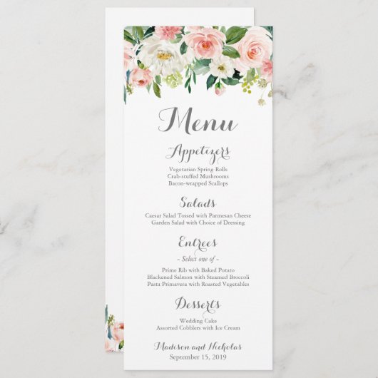 Rackkaarten voor roze en witte felle bruiloft menu (Voorkant / Achterkant)