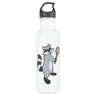 Racoon als Tennis-speler met Tennis-racket Waterfles
