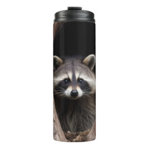 Racoon in boomgrot thermosbeker