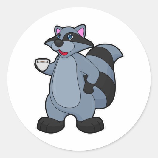 Racoon met beker koffie ronde sticker (Voorkant)