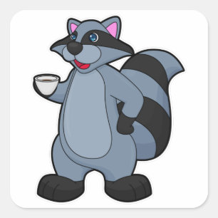 Racoon met beker koffie vierkante sticker