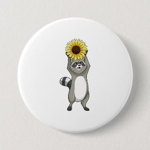 Racoon met zonnebloem ronde button 7,6 cm