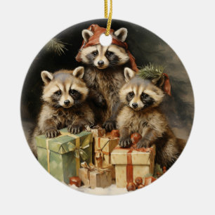 Racoons en kerstcadeautjes keramisch ornament