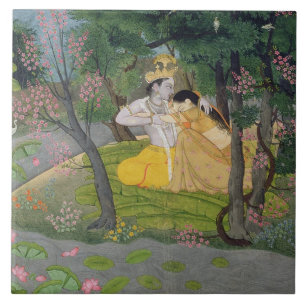 Radha en Krishna omhelzen in een bloeiende golf Tegeltje