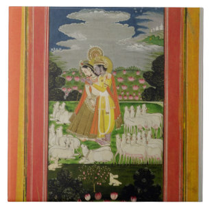 Radha en Krishna omhelzen in een geïdealiseerd la Tegeltje